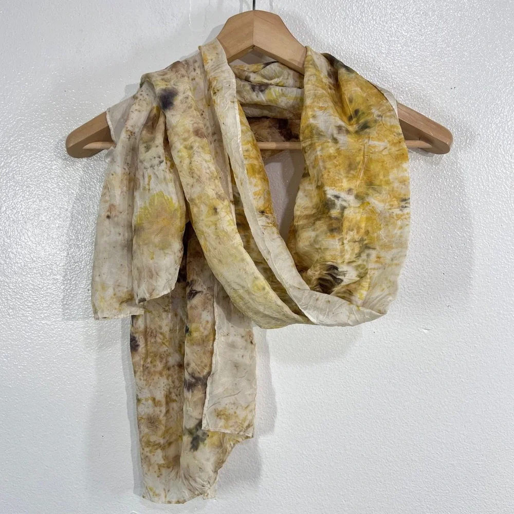 100% Silk Long Wrap Scarf Eco Dyed Botanical Print Mustard Yellow‎ Earthy Boho